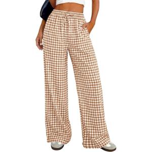 imagePRETTYGARDEN Womens Wide Leg Gingham Lounge Pants Summer 2026 Casual Plaid Trousers Spring Y2K Clothes Comfy Pajama BottomsKhaki Plaid