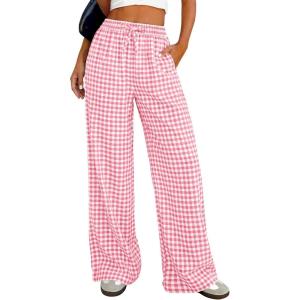 imagePRETTYGARDEN Womens Wide Leg Gingham Lounge Pants Summer 2026 Casual Plaid Trousers Spring Y2K Clothes Comfy Pajama BottomsPink Plaid