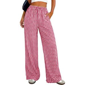 imagePRETTYGARDEN Womens Wide Leg Gingham Lounge Pants Summer 2026 Casual Plaid Trousers Spring Y2K Clothes Comfy Pajama BottomsRed Plaid