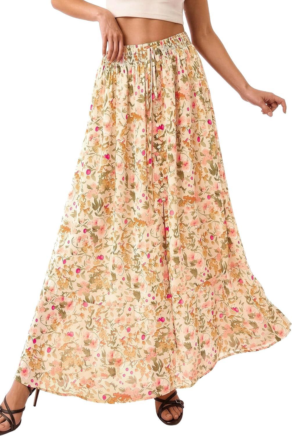 imagePRETTYGARDEN 2026 Summer Maxi Long Skirts for Women Trendy Boho Floral High Waisted Slit Flowy Travel Beach Vacation ClothesFloral Beige Multicolored
