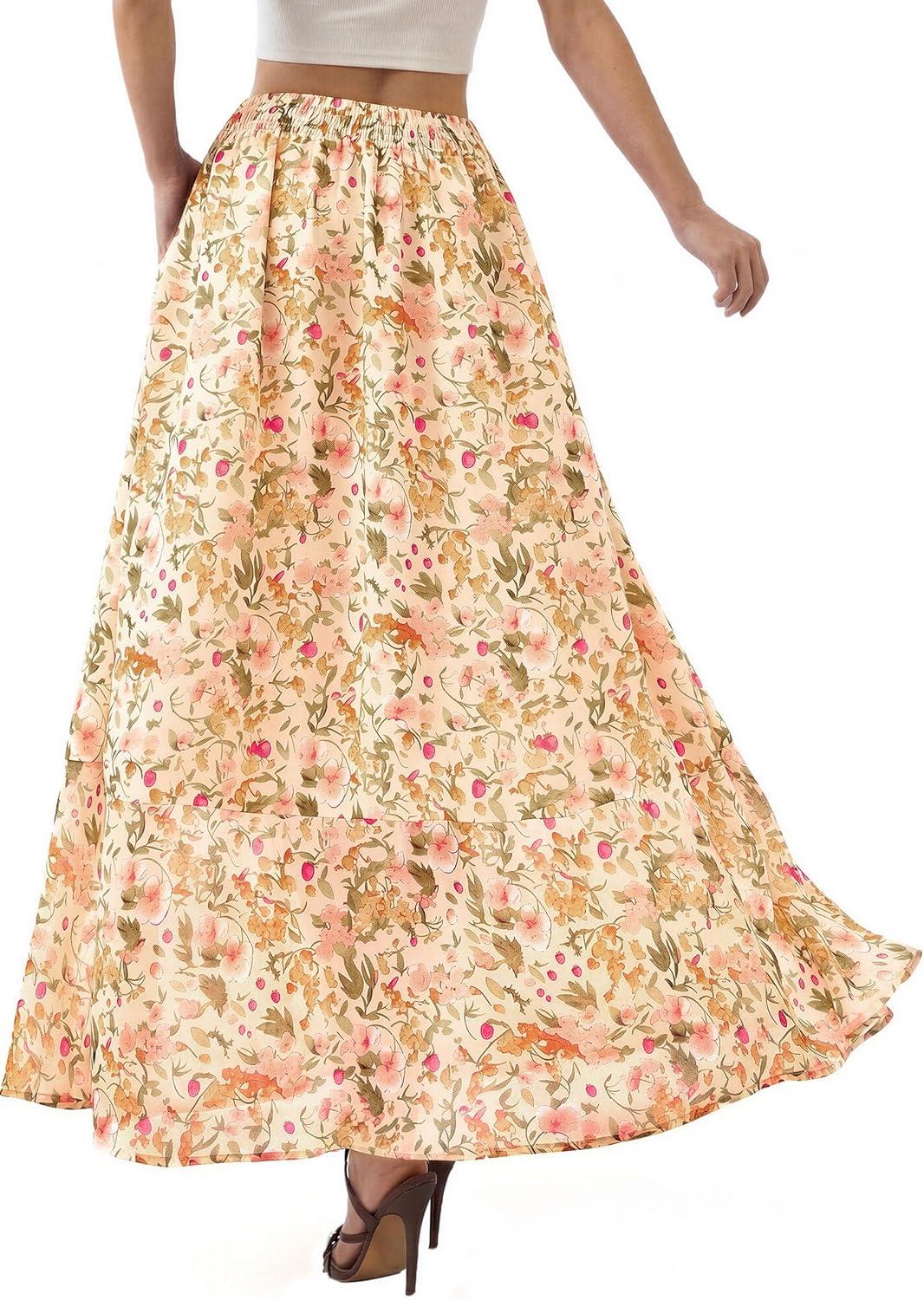 imagePRETTYGARDEN 2026 Summer Maxi Long Skirts for Women Trendy Boho Floral High Waisted Slit Flowy Travel Beach Vacation ClothesFloral Beige Multicolored