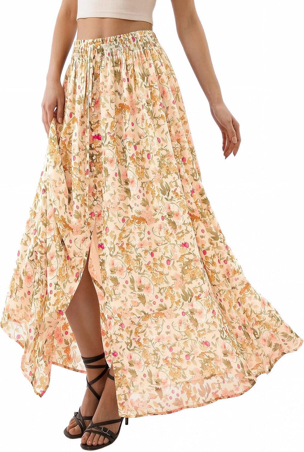 imagePRETTYGARDEN 2026 Summer Maxi Long Skirts for Women Trendy Boho Floral High Waisted Slit Flowy Travel Beach Vacation ClothesFloral Beige Multicolored