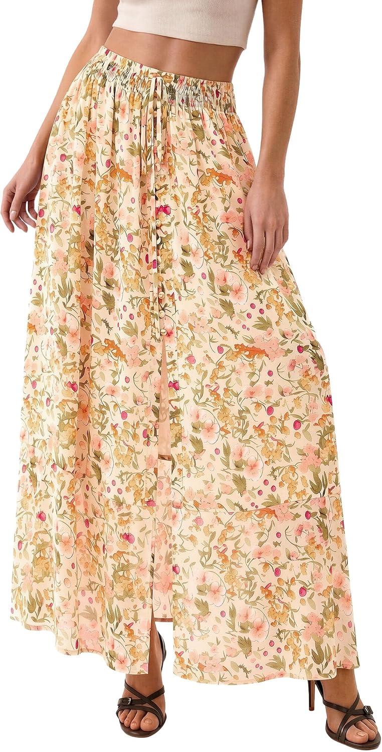 imagePRETTYGARDEN 2026 Summer Maxi Long Skirts for Women Trendy Boho Floral High Waisted Slit Flowy Travel Beach Vacation ClothesFloral Beige Multicolored