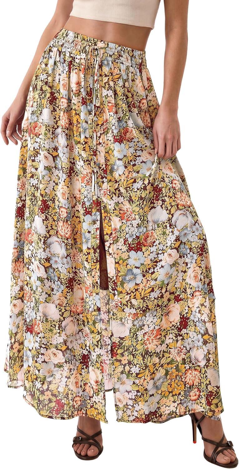 imagePRETTYGARDEN 2026 Summer Maxi Long Skirts for Women Trendy Boho Floral High Waisted Slit Flowy Travel Beach Vacation ClothesFloral Multicolored