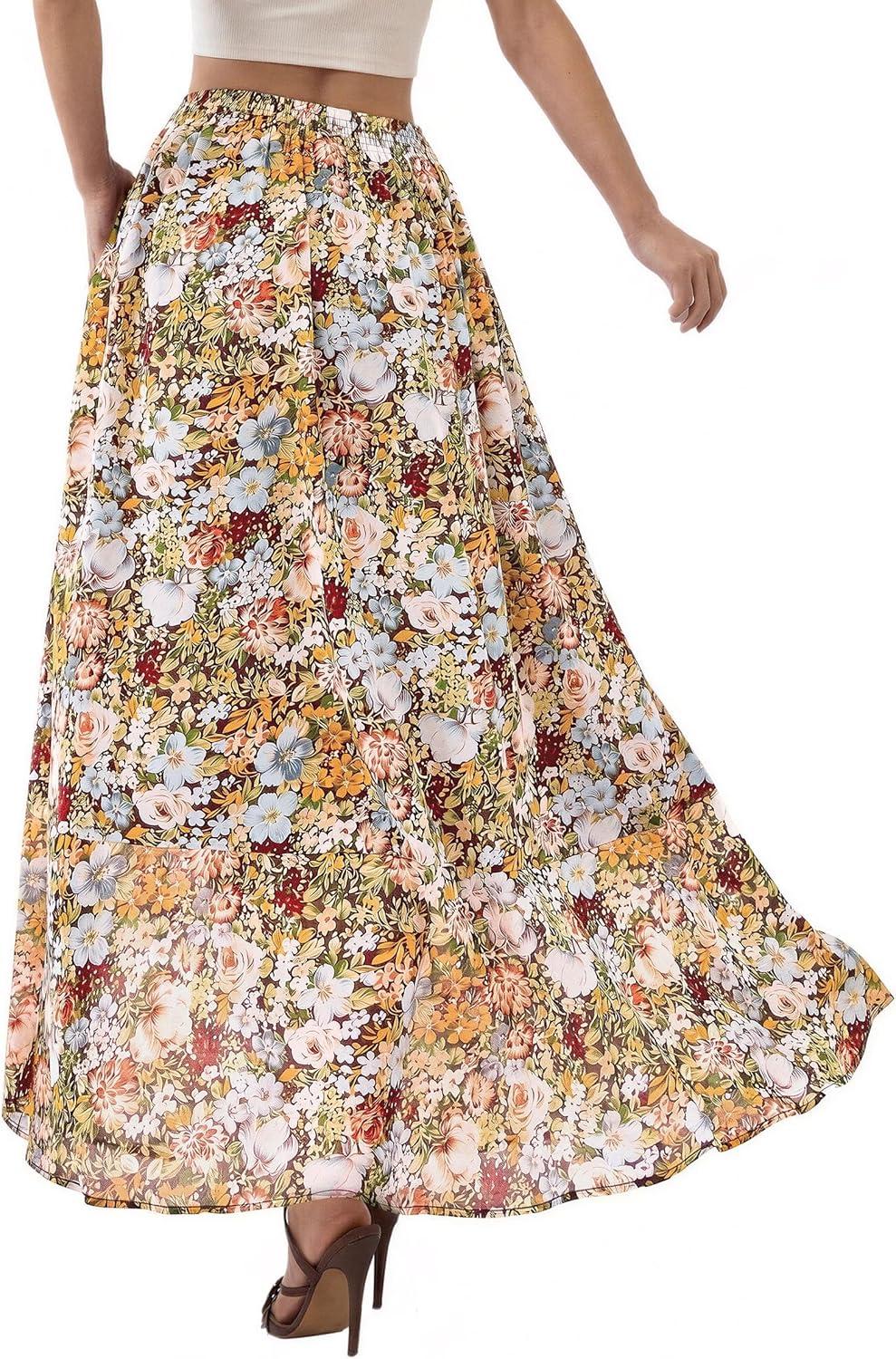 imagePRETTYGARDEN 2026 Summer Maxi Long Skirts for Women Trendy Boho Floral High Waisted Slit Flowy Travel Beach Vacation ClothesFloral Multicolored