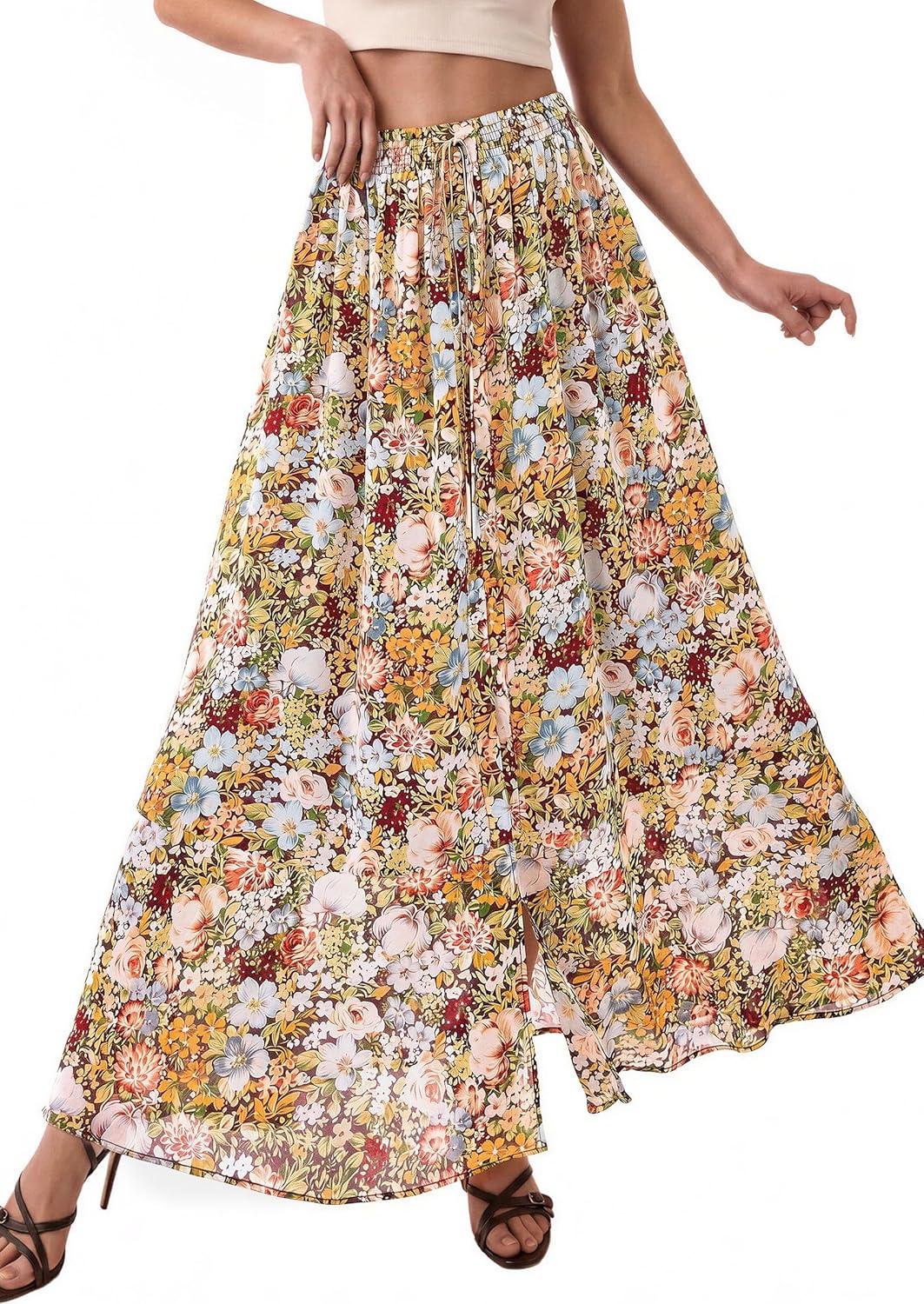 imagePRETTYGARDEN 2026 Summer Maxi Long Skirts for Women Trendy Boho Floral High Waisted Slit Flowy Travel Beach Vacation ClothesFloral Multicolored