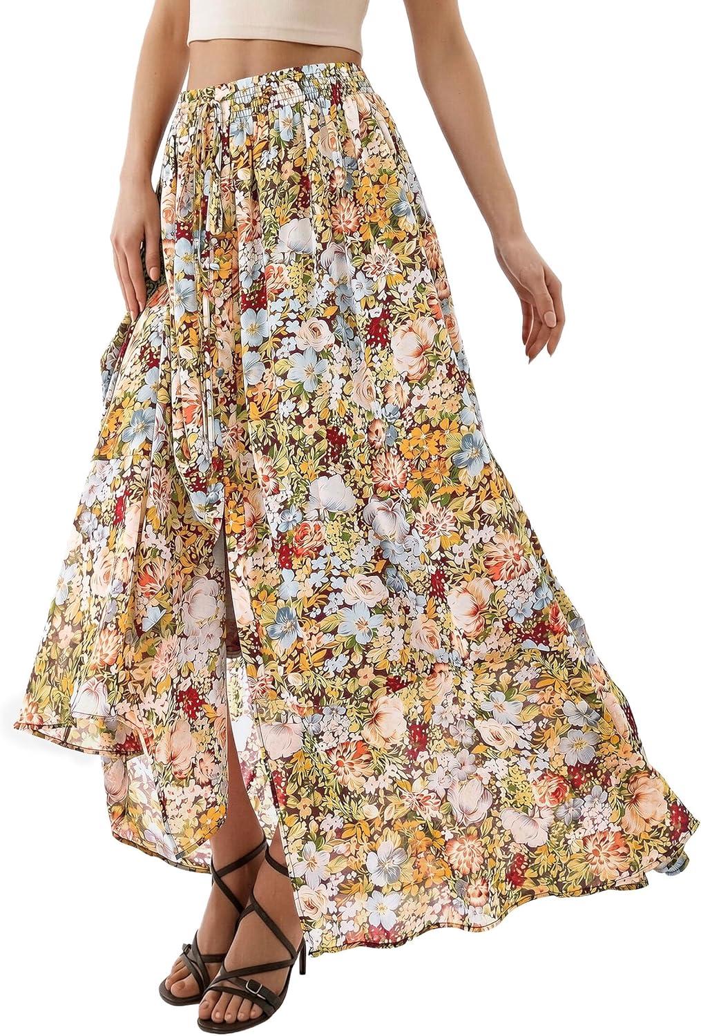 imagePRETTYGARDEN 2026 Summer Maxi Long Skirts for Women Trendy Boho Floral High Waisted Slit Flowy Travel Beach Vacation ClothesFloral Multicolored