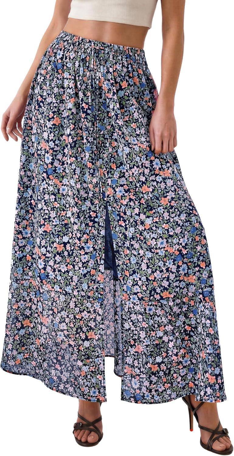 imagePRETTYGARDEN 2026 Summer Maxi Long Skirts for Women Trendy Boho Floral High Waisted Slit Flowy Travel Beach Vacation ClothesFloral Navy Multicolored