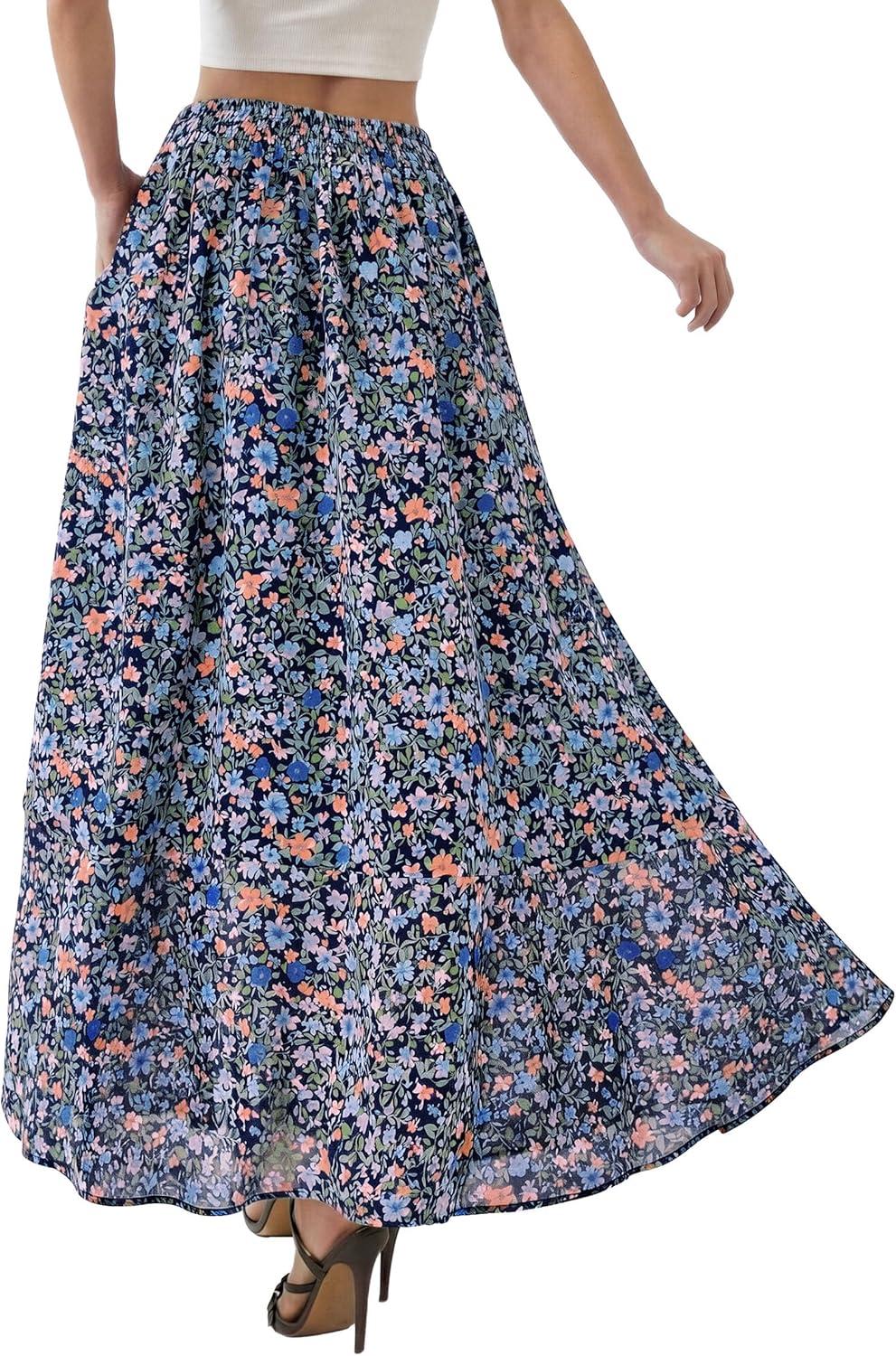 imagePRETTYGARDEN 2026 Summer Maxi Long Skirts for Women Trendy Boho Floral High Waisted Slit Flowy Travel Beach Vacation ClothesFloral Navy Multicolored