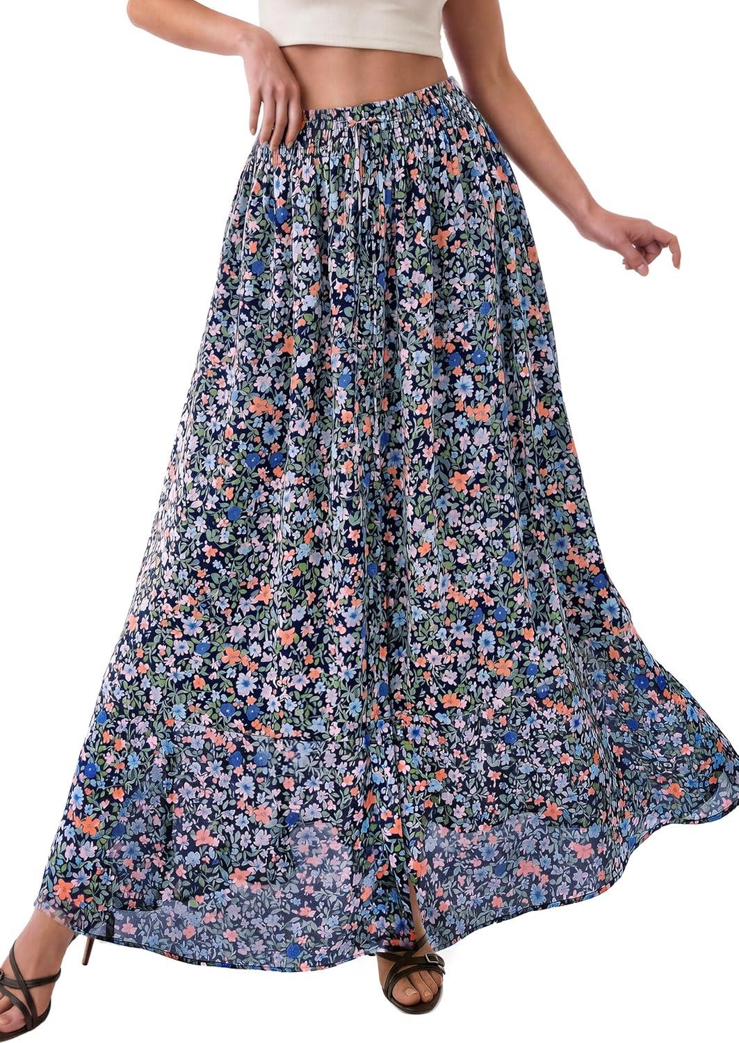 imagePRETTYGARDEN 2026 Summer Maxi Long Skirts for Women Trendy Boho Floral High Waisted Slit Flowy Travel Beach Vacation ClothesFloral Navy Multicolored