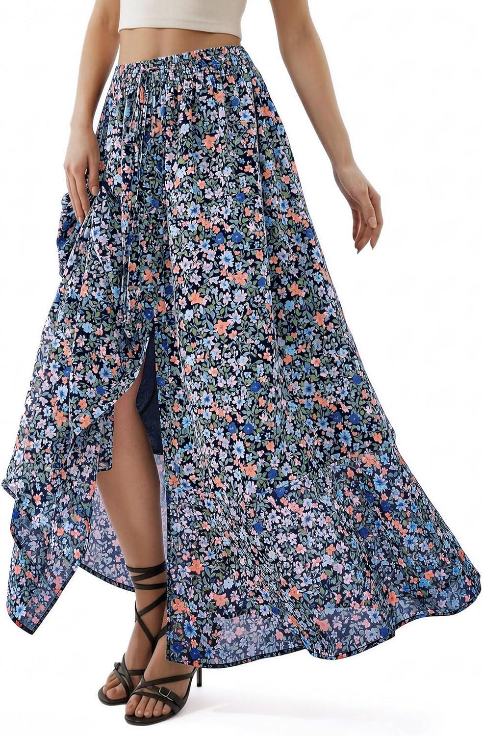 imagePRETTYGARDEN 2026 Summer Maxi Long Skirts for Women Trendy Boho Floral High Waisted Slit Flowy Travel Beach Vacation ClothesFloral Navy Multicolored