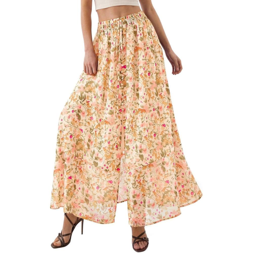 imagePRETTYGARDEN 2026 Summer Maxi Long Skirts for Women Trendy Boho Floral High Waisted Slit Flowy Travel Beach Vacation ClothesFloral Beige Multicolored