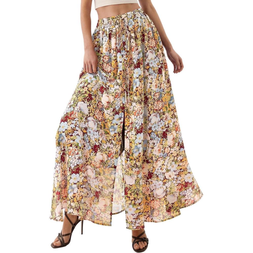 imagePRETTYGARDEN 2026 Summer Maxi Long Skirts for Women Trendy Boho Floral High Waisted Slit Flowy Travel Beach Vacation ClothesFloral Multicolored