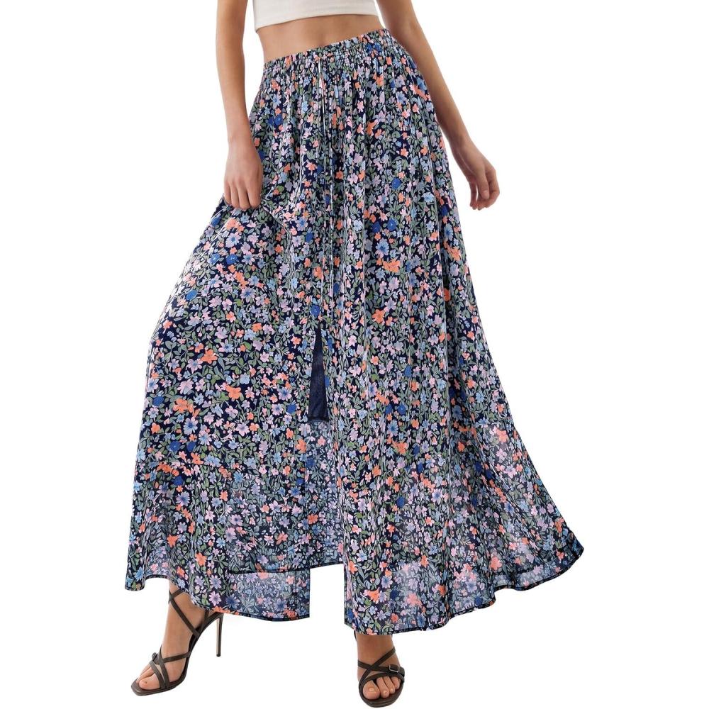 imagePRETTYGARDEN 2026 Summer Maxi Long Skirts for Women Trendy Boho Floral High Waisted Slit Flowy Travel Beach Vacation ClothesFloral Navy Multicolored