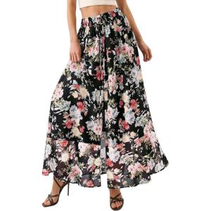 imagePRETTYGARDEN 2026 Summer Maxi Long Skirts for Women Trendy Boho Floral High Waisted Slit Flowy Travel Beach Vacation ClothesBlack Big Floral