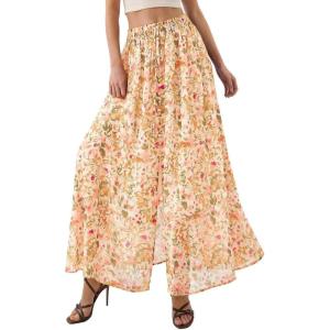 imagePRETTYGARDEN 2026 Summer Maxi Long Skirts for Women Trendy Boho Floral High Waisted Slit Flowy Travel Beach Vacation ClothesFloral Beige Multicolored
