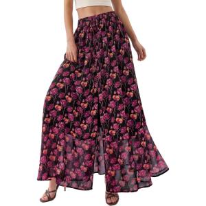 imagePRETTYGARDEN 2026 Summer Maxi Long Skirts for Women Trendy Boho Floral High Waisted Slit Flowy Travel Beach Vacation ClothesFloral Black Rose Red