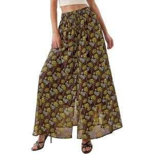 imagePRETTYGARDEN 2026 Summer Maxi Long Skirts for Women Trendy Boho Floral High Waisted Slit Flowy Travel Beach Vacation ClothesFloral Brown Light Green