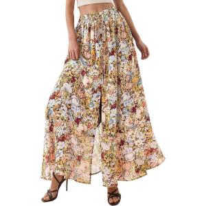 imagePRETTYGARDEN 2026 Summer Maxi Long Skirts for Women Trendy Boho Floral High Waisted Slit Flowy Travel Beach Vacation ClothesFloral Multicolored