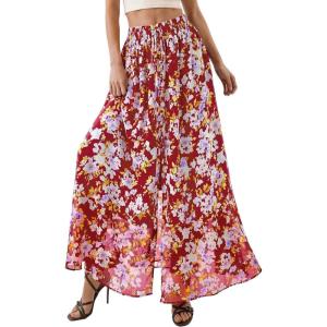 imagePRETTYGARDEN 2026 Summer Maxi Long Skirts for Women Trendy Boho Floral High Waisted Slit Flowy Travel Beach Vacation ClothesFloral Red Purple