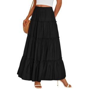 imagePRETTYGARDEN Boho Maxi Skirts for Women Trendy Summer 2026 Spring Long Flowy A Line Tiered Skirt Beach Vacation Clothes DressBlack