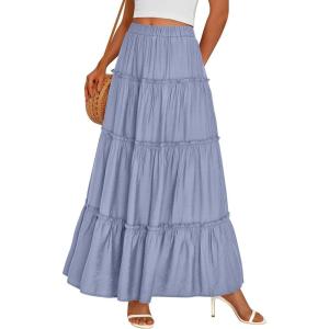imagePRETTYGARDEN Boho Maxi Skirts for Women Trendy Summer 2026 Spring Long Flowy A Line Tiered Skirt Beach Vacation Clothes DressBlue