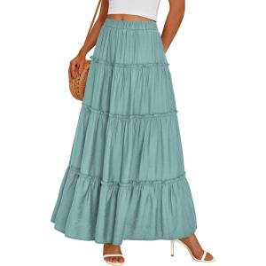 imagePRETTYGARDEN Boho Maxi Skirts for Women Trendy Summer 2026 Spring Long Flowy A Line Tiered Skirt Beach Vacation Clothes DressBlue Green