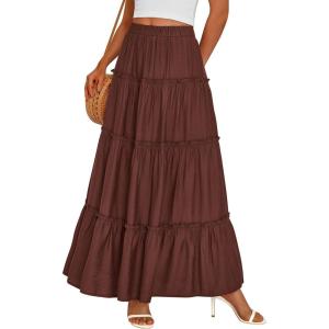 imagePRETTYGARDEN Boho Maxi Skirts for Women Trendy Summer 2026 Spring Long Flowy A Line Tiered Skirt Beach Vacation Clothes DressBrown