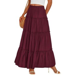 imagePRETTYGARDEN Boho Maxi Skirts for Women Trendy Summer 2026 Spring Long Flowy A Line Tiered Skirt Beach Vacation Clothes DressBurgundy