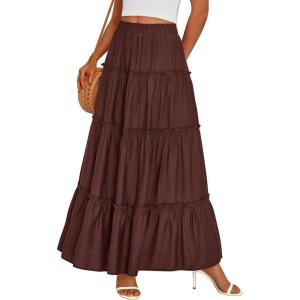 imagePRETTYGARDEN Boho Maxi Skirts for Women Trendy Summer 2026 Spring Long Flowy A Line Tiered Skirt Beach Vacation Clothes DressDark Brown