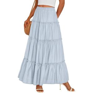 imagePRETTYGARDEN Boho Maxi Skirts for Women Trendy Summer 2026 Spring Long Flowy A Line Tiered Skirt Beach Vacation Clothes DressLight Blue