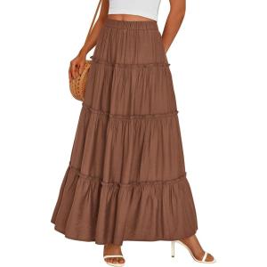 imagePRETTYGARDEN Boho Maxi Skirts for Women Trendy Summer 2026 Spring Long Flowy A Line Tiered Skirt Beach Vacation Clothes DressLight Brown