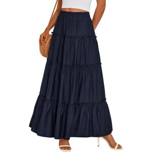 imagePRETTYGARDEN Boho Maxi Skirts for Women Trendy Summer 2026 Spring Long Flowy A Line Tiered Skirt Beach Vacation Clothes DressNavy Blue