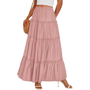 imagePRETTYGARDEN Boho Maxi Skirts for Women Trendy Summer 2026 Spring Long Flowy A Line Tiered Skirt Beach Vacation Clothes DressPink