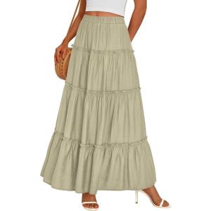 imagePRETTYGARDEN Boho Maxi Skirts for Women Trendy Summer 2026 Spring Long Flowy A Line Tiered Skirt Beach Vacation Clothes DressSage Green