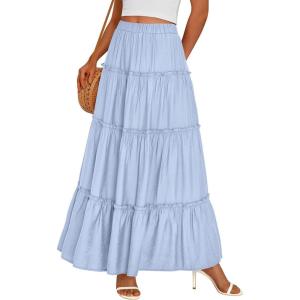 imagePRETTYGARDEN Boho Maxi Skirts for Women Trendy Summer 2026 Spring Long Flowy A Line Tiered Skirt Beach Vacation Clothes DressSky Blue