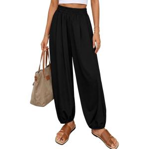 imagePRETTYGARDEN Womens 2026 Summer Casual Pants High Waisted Loose Wide Leg Palazzo Pockets Lounge Beach Travel Trousers OutfitsBlack