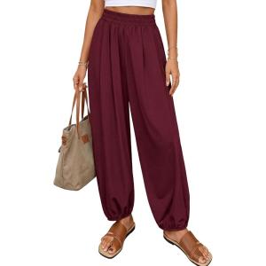 imagePRETTYGARDEN Womens 2026 Summer Casual Pants High Waisted Loose Wide Leg Palazzo Pockets Lounge Beach Travel Trousers OutfitsBurgundy