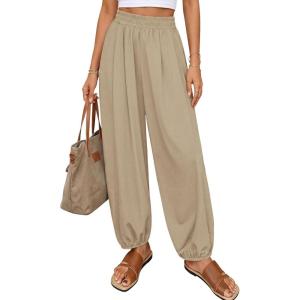 imagePRETTYGARDEN Womens 2026 Summer Casual Pants High Waisted Loose Wide Leg Palazzo Pockets Lounge Beach Travel Trousers OutfitsLight Khaki