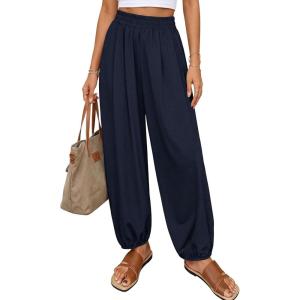imagePRETTYGARDEN Womens 2026 Summer Casual Pants High Waisted Loose Wide Leg Palazzo Pockets Lounge Beach Travel Trousers OutfitsNavy Blue