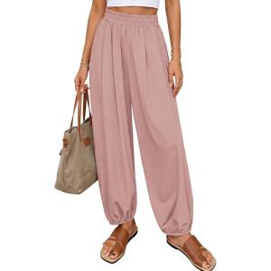 imagePRETTYGARDEN Womens 2026 Summer Casual Pants High Waisted Loose Wide Leg Palazzo Pockets Lounge Beach Travel Trousers OutfitsPink