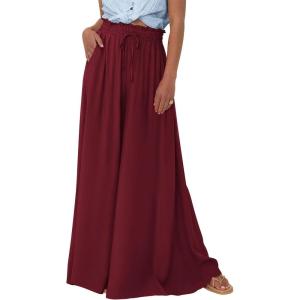 imagePRETTYGARDEN Womens 2026 Summer Wide Leg Palazzo Pants High Waisted Flowy Pockets Trendy Casual Lounge Boho Beach TrousersWine Red