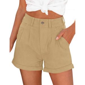 imagePRETTYGARDEN Womens Summer Shorts 2026 Casual High Waisted Pleated Beach Vacation Tailored Denim Shorts with PocketsKhaki