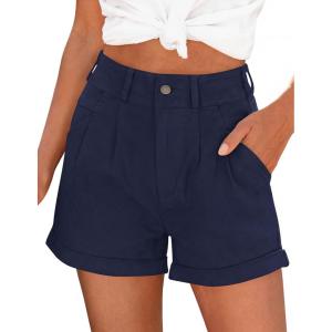 imagePRETTYGARDEN Womens Summer Shorts 2026 Casual High Waisted Pleated Beach Vacation Tailored Denim Shorts with PocketsNavy Blue