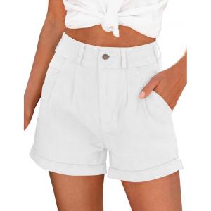 imagePRETTYGARDEN Womens Summer Shorts 2026 Casual High Waisted Pleated Beach Vacation Tailored Denim Shorts with PocketsWhite