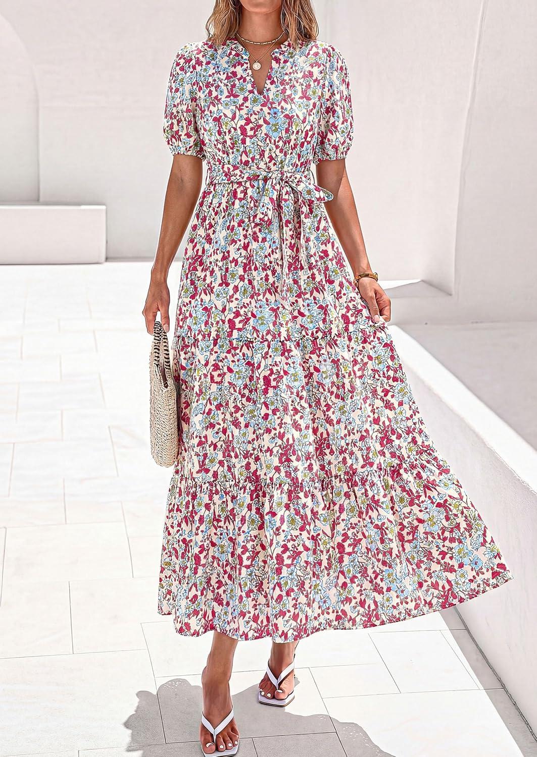 imagePRETTYGARDEN Womens Summer Maxi Dresses Boho Floral Short Sleeve V Neck Casual Wedding Guest 2026 Beach Vacation OutfitsFloral Beige Multicolored