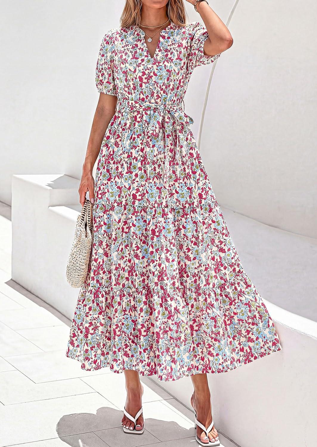 imagePRETTYGARDEN Womens Summer Maxi Dresses Boho Floral Short Sleeve V Neck Casual Wedding Guest 2026 Beach Vacation OutfitsFloral Beige Multicolored