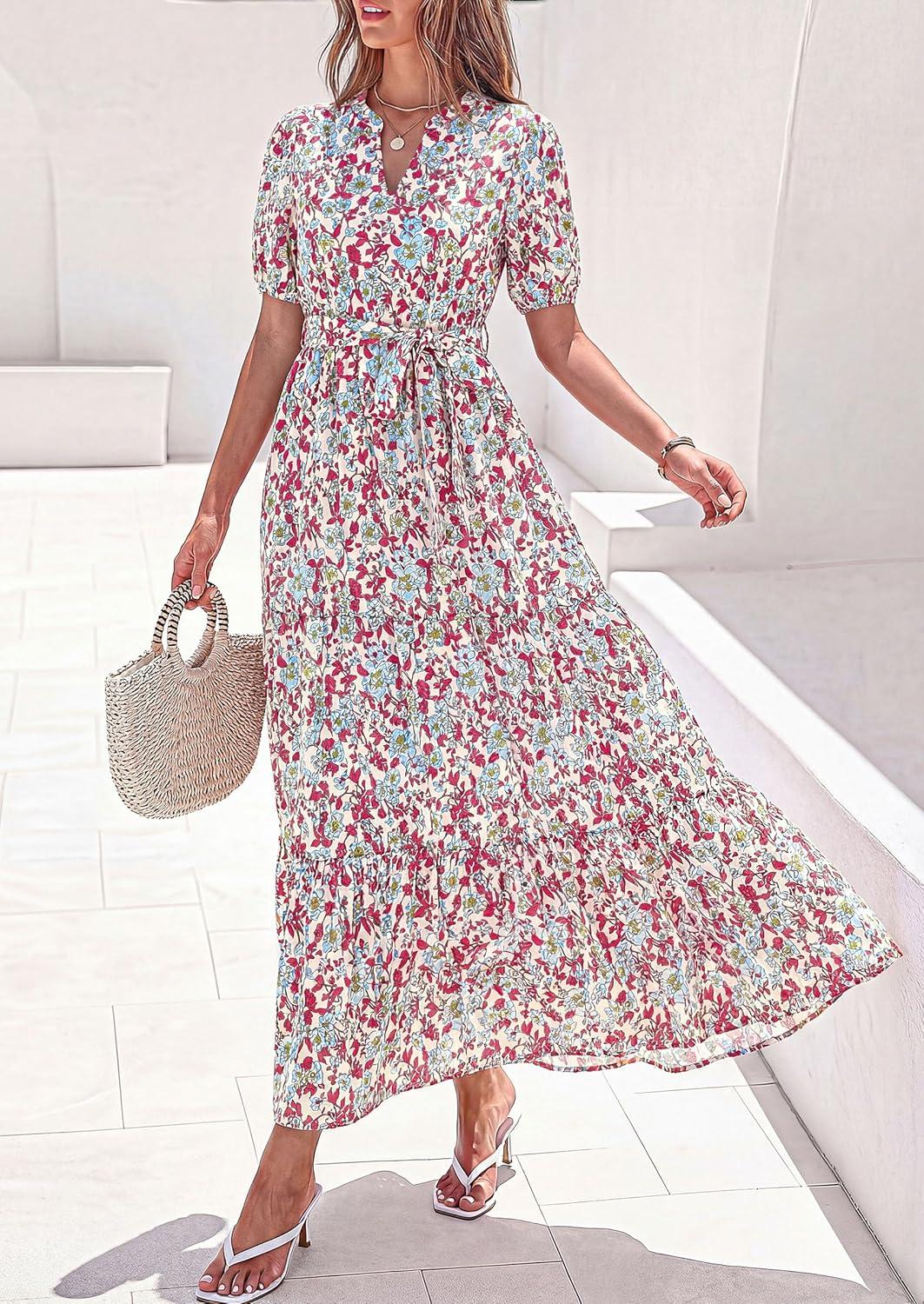 imagePRETTYGARDEN Womens Summer Maxi Dresses Boho Floral Short Sleeve V Neck Casual Wedding Guest 2026 Beach Vacation OutfitsFloral Beige Multicolored