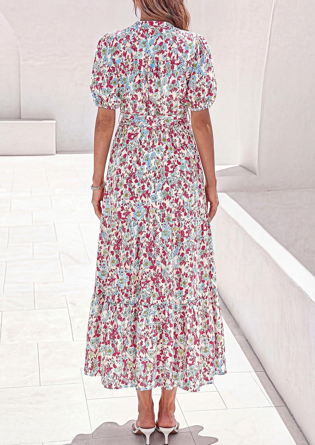 imagePRETTYGARDEN Womens Summer Maxi Dresses Boho Floral Short Sleeve V Neck Casual Wedding Guest 2026 Beach Vacation OutfitsFloral Beige Multicolored
