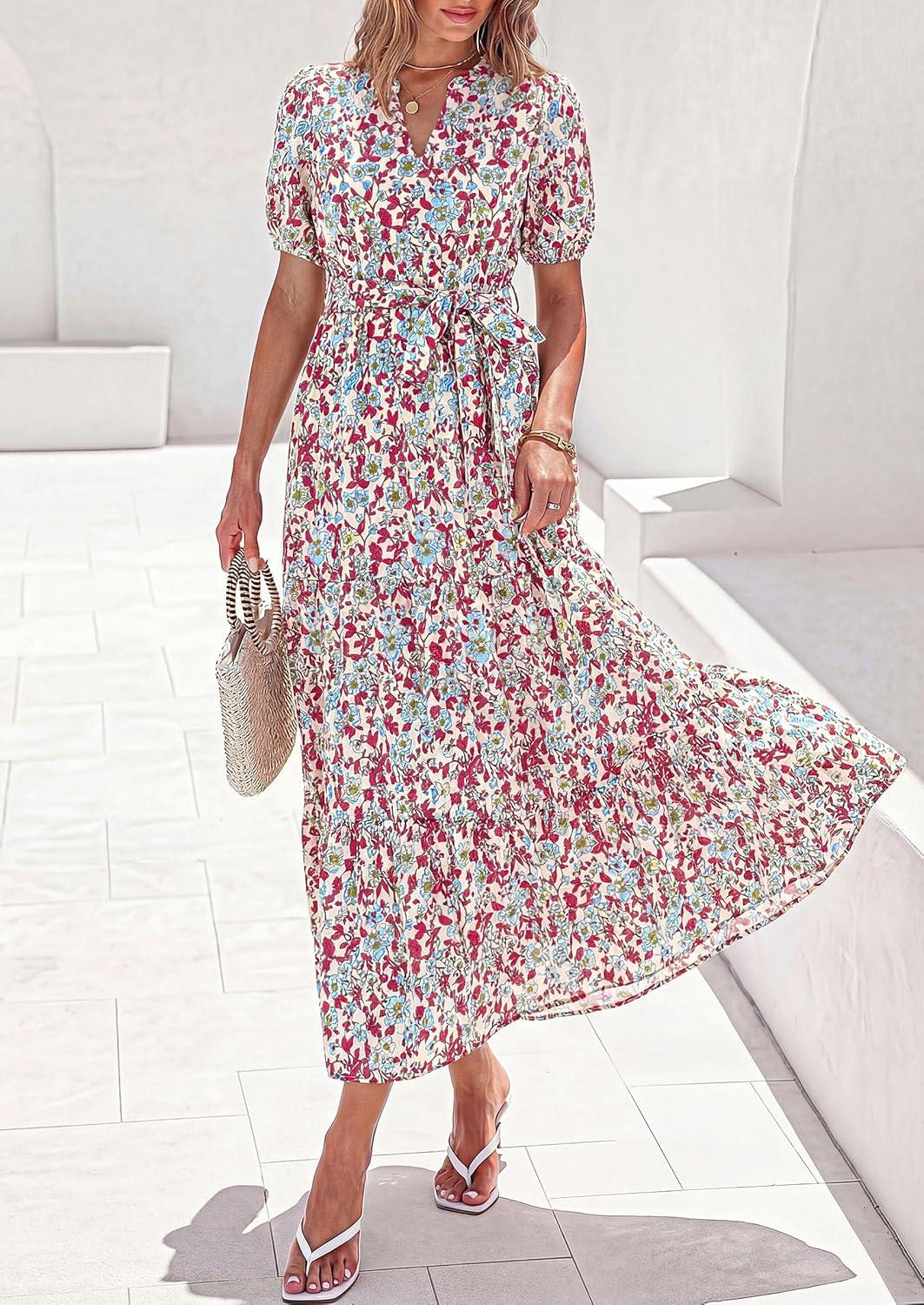 imagePRETTYGARDEN Womens Summer Maxi Dresses Boho Floral Short Sleeve V Neck Casual Wedding Guest 2026 Beach Vacation OutfitsFloral Beige Multicolored